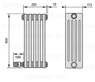 Схема (чертеж) Радиатор Zehnder Charleston 5090/5 №V003 Белый глянцевый RAL 9016